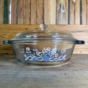Anchor Hocking  1.5 Qt Covered Glass Casserole “Pink Roses in Basket” 1989